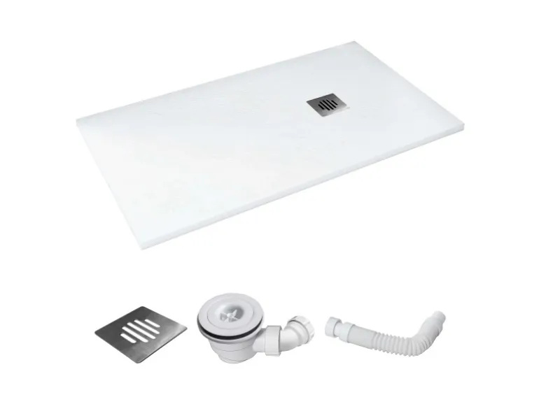 AICA 90x100x3cm Weiß Schiefer Effekt Duschwanne mit Edelstahl Ablaufabdeckung Ablaufgarnitur Rechteck Duschtasse