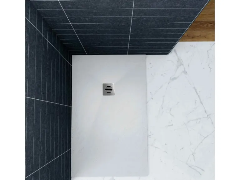 AICA 90x100x3cm Weiß Schiefer Effekt Duschwanne mit Edelstahl Ablaufabdeckung Ablaufgarnitur Rechteck Duschtasse