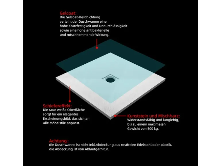 AICA 90x100x3cm Weiß Schiefer Effekt Duschwanne mit Edelstahl Ablaufabdeckung Ablaufgarnitur Rechteck Duschtasse