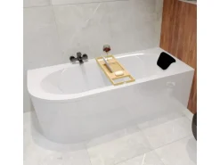 Bad Land Badewanne Eckwanne AVITA 170x75 Rechts + Acrylschürze + Bambus Badewannenablage + Kopfstütze KODI Ablauf Füße