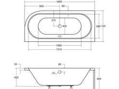 Bad Land Badewanne Eckwanne AVITA 170x75 Links + Kopfstütze KODI Ablauf Füße