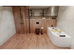 Bad Land Badewanne Eckwanne AVITA 180x80 Links + Acrylschürze + Bambus Badewannenablage + Kopfstütze KODI Ablauf Füße