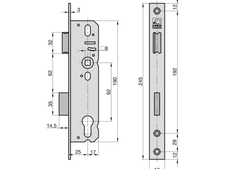Basi - Einsteck-Rohrrahmenschloss - ES 958 - Lochung PZW - Stulp 16 mm Käntig - Dornmaß 25 mm - 9585-2516