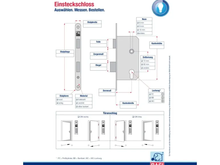 Basi - ES 935 - Bad-Einsteckschloss - DIN Rechts/Links Verwendbar - 9350-5530