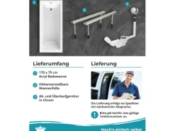 Calmwaters Rechteckwanne Modern Square 170x75 cm Set Wannenfuß & Ablaufgarnitur 99000284