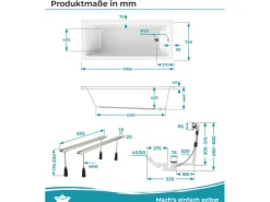 Calmwaters Rechteckwanne Modern Square 170x75 cm Set Wannenfuß & Ablaufgarnitur 99000284