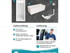 Calmwaters Rechteckwanne Modern Square 170x75 cm Set Wannenträger & Ablaufgarnitur 99000165