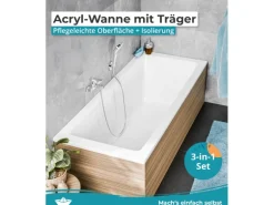 Calmwaters Rechteckwanne Modern Square 170x75 cm Set Wannenträger & Ablaufgarnitur 99000165
