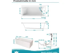 Calmwaters Rechteckwanne Modern Square 170x75 cm Set Wannenträger & Ablaufgarnitur 99000165