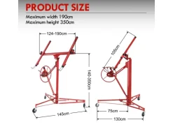 CCLIFE Plattenheber Klappbar für Trockenbau und Rigipsplatten XXL Plattenlift bis 68 kg Höhe 140-350 cm 3 Räder mit Feststellbremse Rot