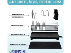 CHEFGASTRO Abtropfgestell Geschirr 15x42x31cm Stahl Mit Besteckhalter Tassenhalter Drehbarem Wasserablauf Abtropfbrett & Trockenmatte