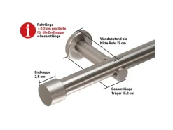 Deco-Raum Gardinenstange nach Maß 1-Lauf Kappe Ø 25mm Edelstahl-optik 220cm