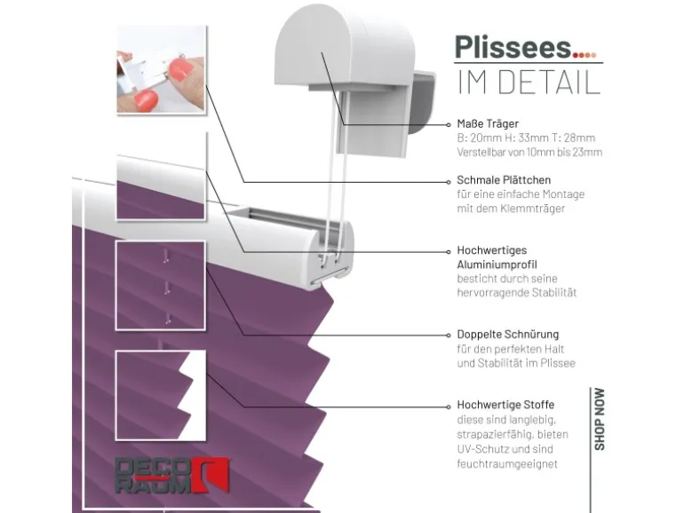 Deco-Raum Plissee Basic ohne Bohren 100x210cm Lila Blickdicht Klemmfix