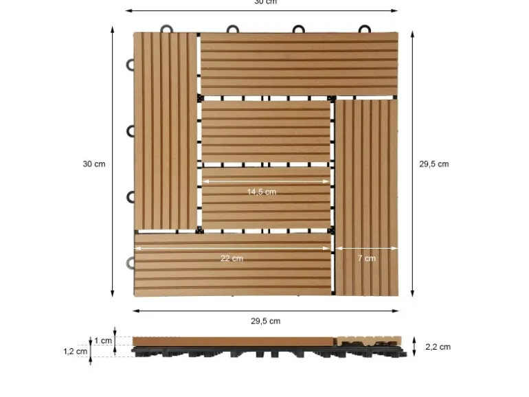 ECD Germany WPC Terrassenfliesen 30 x 30 cm 55er Spar Set Teak Mosaik Holzoptik