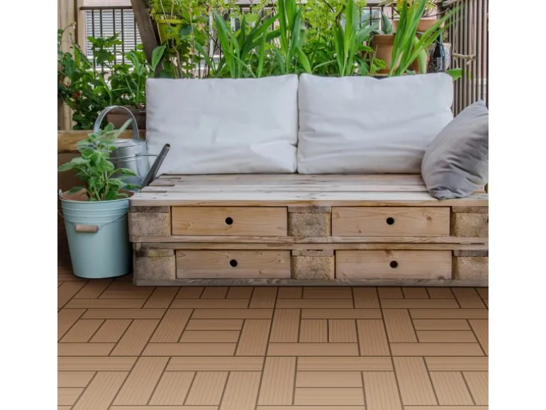 ECD Germany WPC Terrassenfliesen 30 x 30 cm 55er Spar Set Teak Mosaik Holzoptik