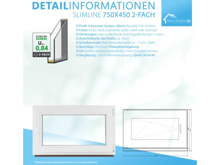 Framelux Kunststofffenster Slimline Anthrazit 2-Fach Verglasung 750 x 450 mm Rechtsanschlag