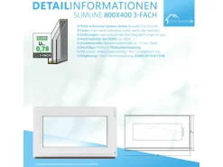 Framelux Kunststofffenster Slimline Weiß 3-Fach Verglasung 800 x 400 mm Linksanschlag