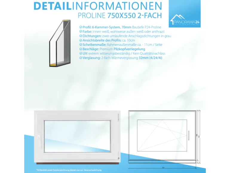 Framelux Kunststofffenster Proline Weiß 2-Fach Verglasung 750 x 550 mm Rechtsanschlag