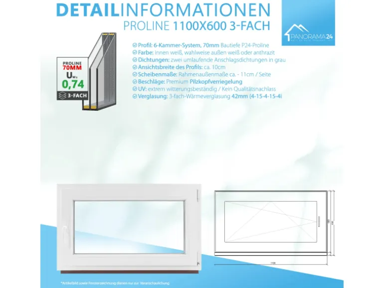 Framelux Kunststofffenster Proline Weiß 3-Fach Verglasung 1100 x 600 mm Rechtsanschlag