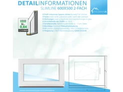 Framelux Kunststofffenster Slimline Anthrazit 2-Fach Verglasung 600 x 500 mm Rechtsanschlag