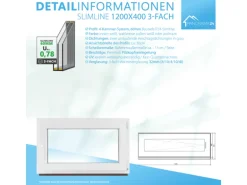 Framelux Kunststofffenster Slimline Anthrazit 3-Fach Verglasung 1200 x 400 mm Linksanschlag