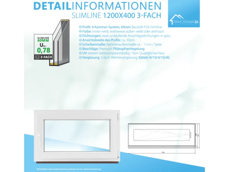 Framelux Kunststofffenster Slimline Anthrazit 3-Fach Verglasung 1200 x 400 mm Linksanschlag