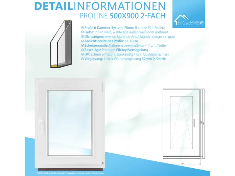 Framelux Kunststofffenster Proline Weiß 2-Fach Verglasung 500 x 900 mm Rechtsanschlag