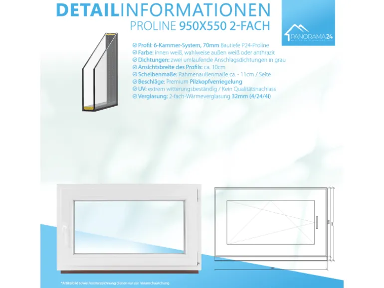 Framelux Kunststofffenster Proline Weiß 2-Fach Verglasung 950 x 550 mm Rechtsanschlag
