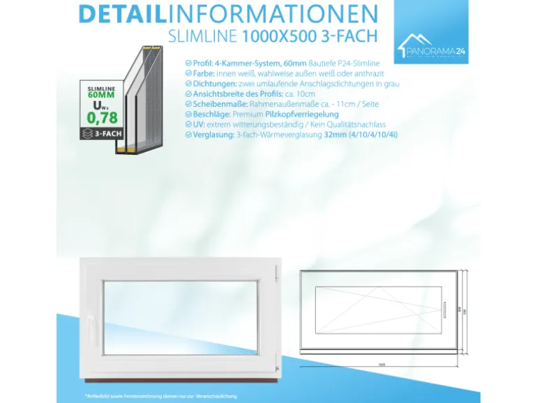 Framelux Kunststofffenster Slimline Anthrazit 3-Fach Verglasung 1000 x 500 mm Rechtsanschlag