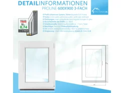 Framelux Kunststofffenster Proline Anthrazit 3-Fach Verglasung 600 x 900 mm Linksanschlag