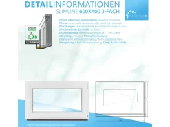 Framelux Kunststofffenster Slimline Weiß 3-Fach Verglasung 600 x 400 mm Linksanschlag