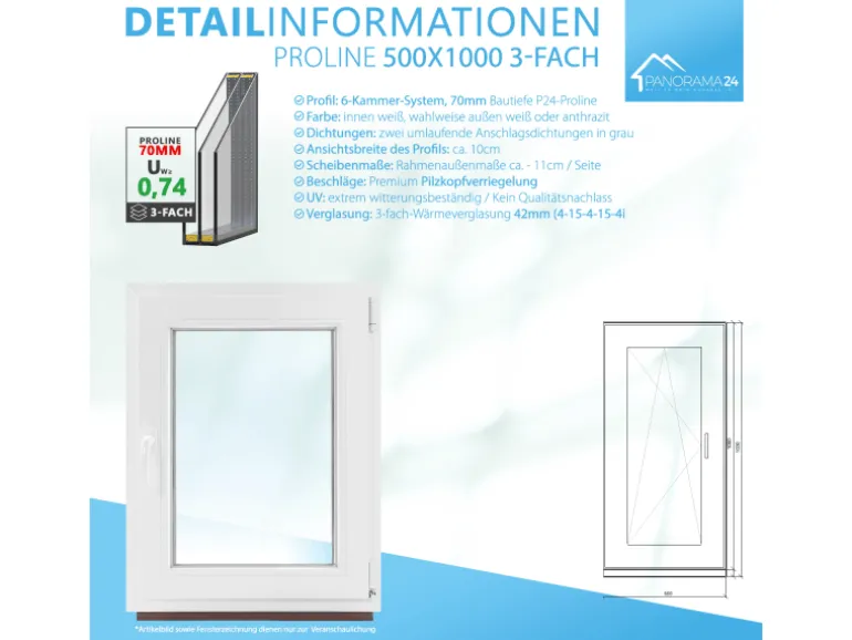 Framelux Kunststofffenster Proline Weiß 3-Fach Verglasung 500 x 1000 mm Rechtsanschlag