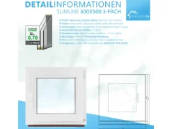 Framelux Kunststofffenster Slimline Weiß 3-Fach Verglasung 500 x 500 mm Linksanschlag