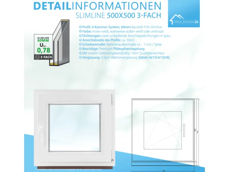 Framelux Kunststofffenster Slimline Anthrazit 3-Fach Verglasung 500 x 500 mm Linksanschlag