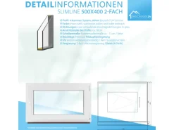 Framelux Kunststofffenster Slimline Weiß 2-Fach Verglasung 500 x 400 mm Linksanschlag
