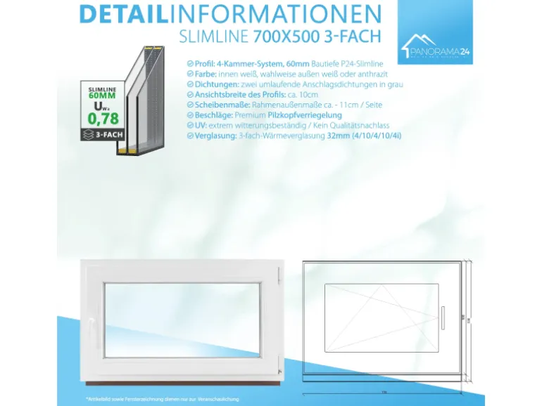 Framelux Kunststofffenster Slimline Anthrazit 3-Fach Verglasung 700 x 500 mm Rechtsanschlag