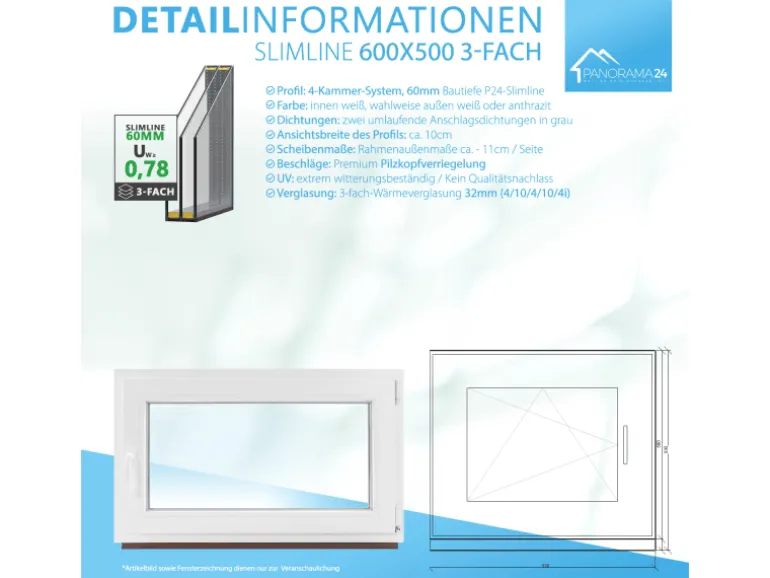 Framelux Kunststofffenster Slimline Anthrazit 3-Fach Verglasung 600 x 500 mm Rechtsanschlag
