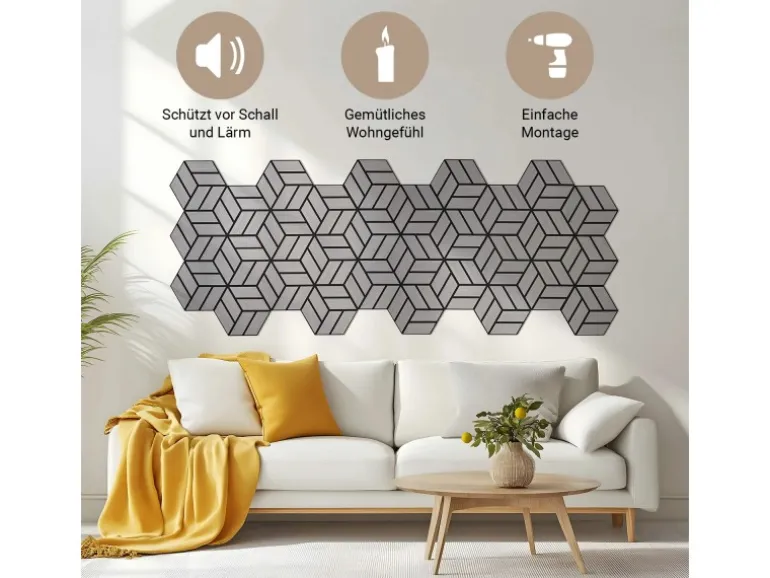 Homestyle4u Akustikpaneele 30 x 26 cm 15 Stück Grau Hexagon Wandpaneele Holz