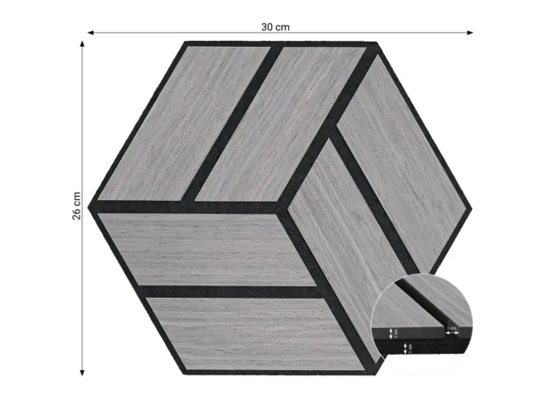 Homestyle4u Akustikpaneele 30 x 26 cm 15 Stück Grau Hexagon Wandpaneele Holz