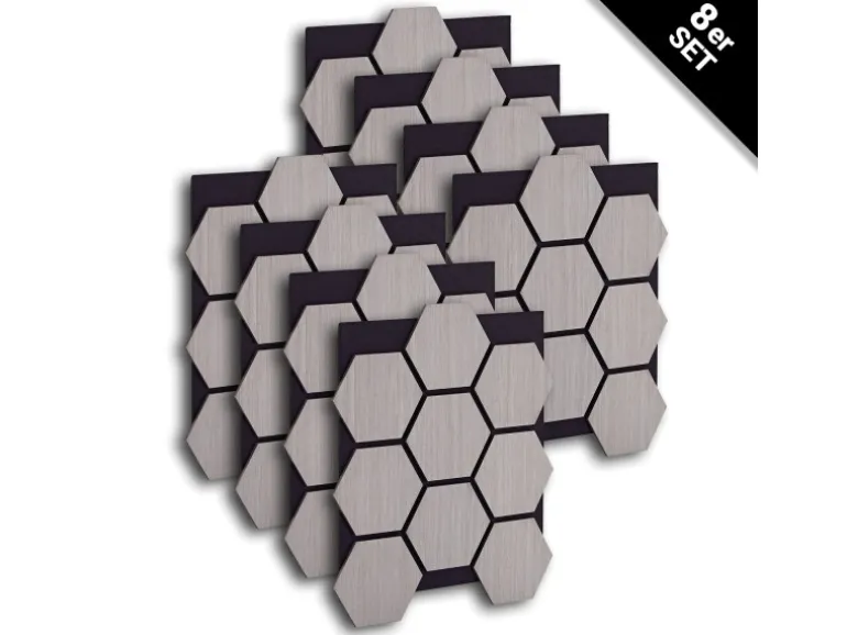 Homestyle4u Akustikpaneele 8 Wandpaneele Holz Hexagon 76 x 62 cm Stück Grau