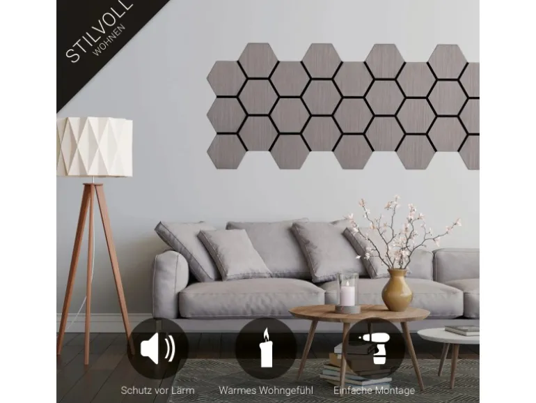 Homestyle4u Akustikpaneele Grau 4 Wandpaneele Holz Hexagon 76 x 62 cm Stück