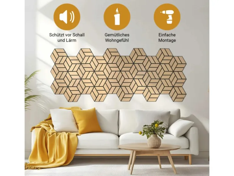 Homestyle4u Akustikpaneele 30 x 26 cm 12 Stück Natur Hexagon Wandpaneele Holz