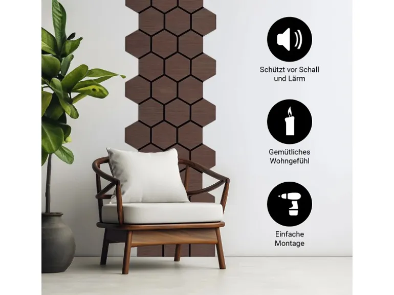 Homestyle4u Akustikpaneele 8 Wandpaneele Holz Hexagon 76 x 62 cm Stück Braun
