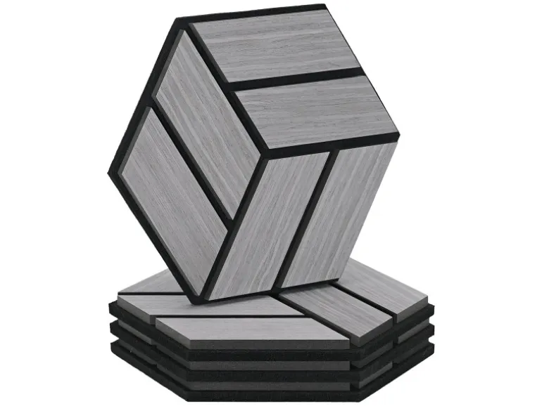 Homestyle4u Akustikpaneele Grau 30 x 26 cm 4 Stück Hexagon Wandpaneele Holz