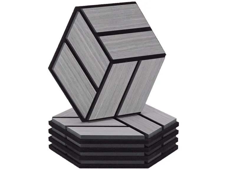 Homestyle4u Akustikpaneele Grau 30 x 26 cm 5 Stück Hexagon Wandpaneele Holz