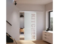 inova Glasschiebetür Kitchen Schriftzug 880 x 2035 mm Komplettset mit Griffmuschel