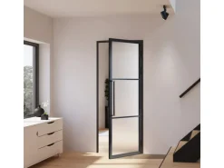 inova Loft Glastür 709 x 1972 mm Satiniert 3 Felder DIN Rechts Komplettset Beschlag in Schwarz mit Griffstange und Zarge