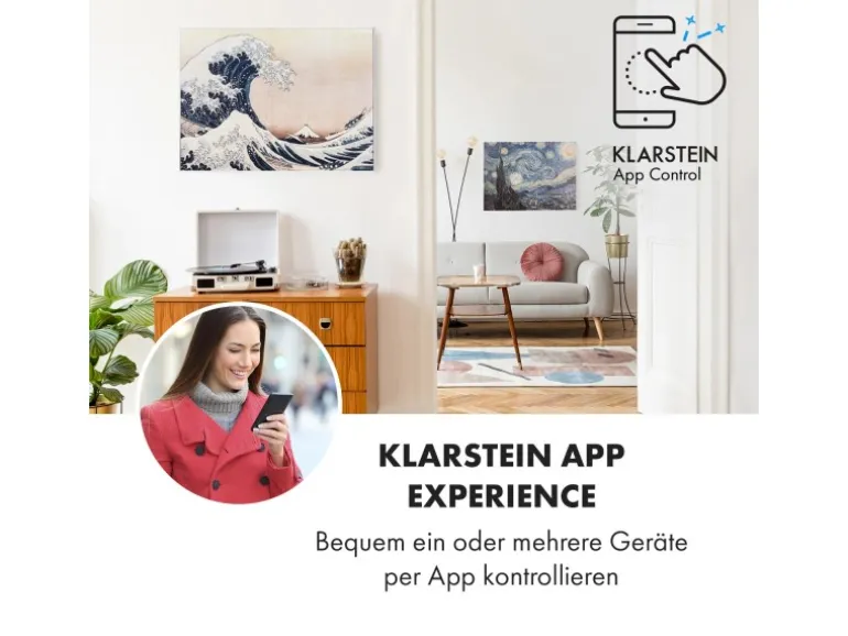 Klarstein Wonderwall Air Art Smart Infrarotheizung 80x60 cm 500 W Wandmontage App-Steuerung Motiv Welle Weiß