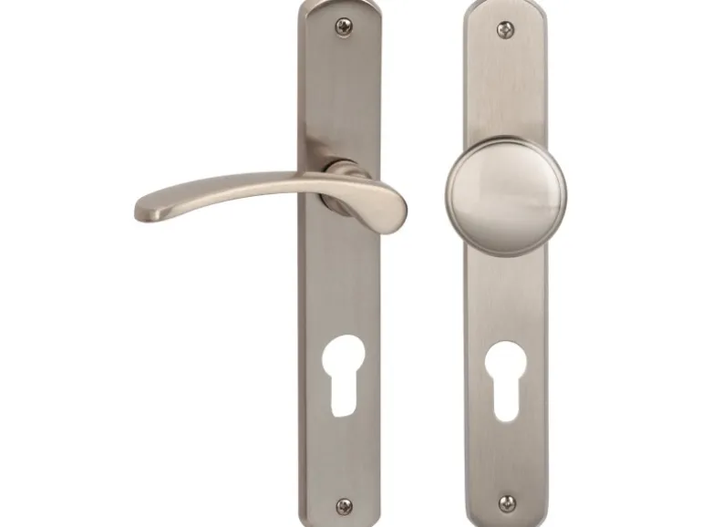 Langschildgarnitur "Amos-LS" Eingangstüren Edelstahlfarbig satiniert DIN Rechts