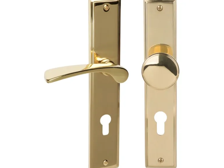 Langschildgarnitur "Nelson-LS" Wohnungseingangstüren Messing Poliert DIN Links